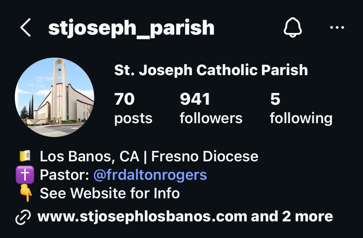 St. Joseph Catholic Parish Instagram at 941 followers, June 2026
