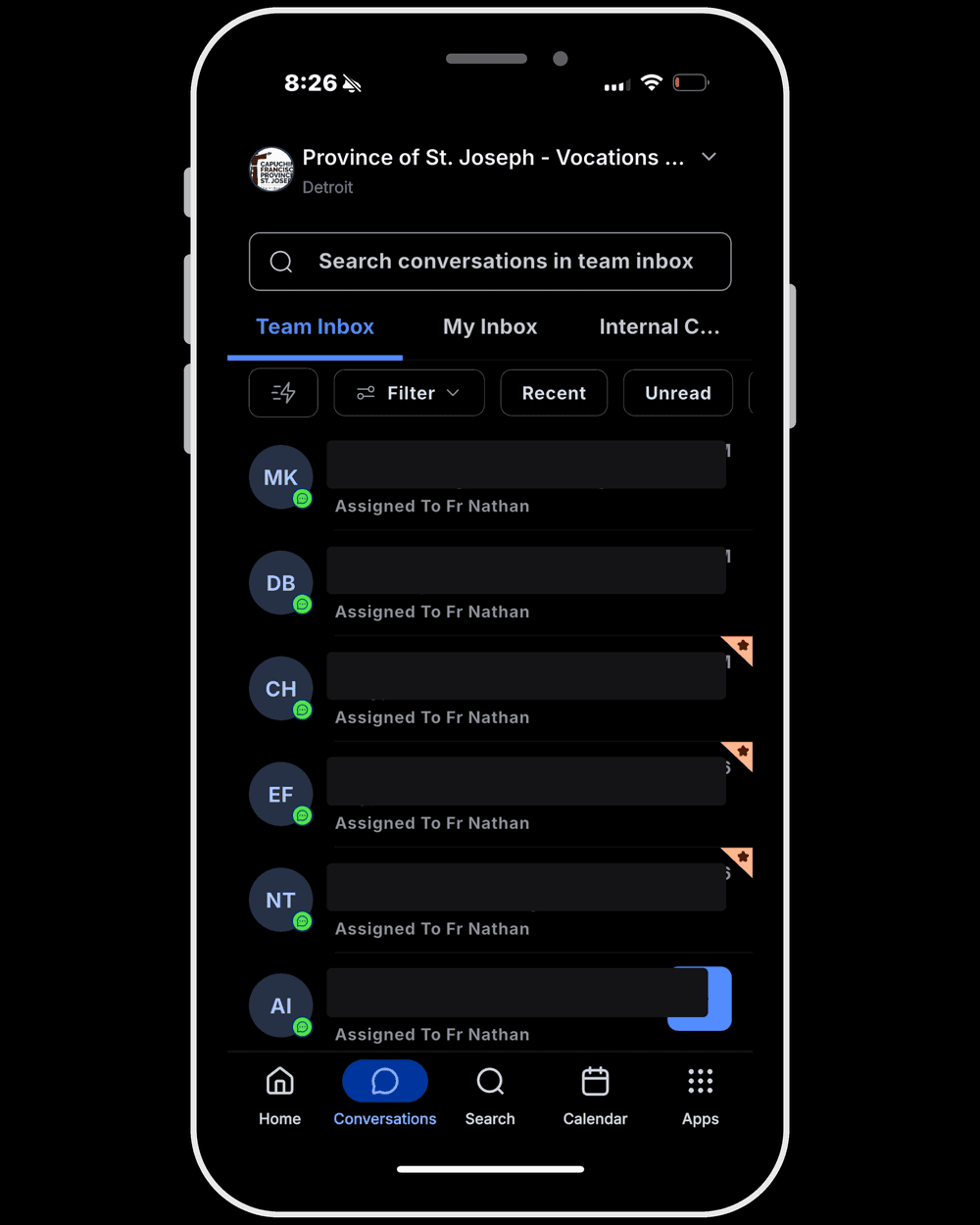 The vocation director's team inbox dashboard, showing every conversation assigned to him