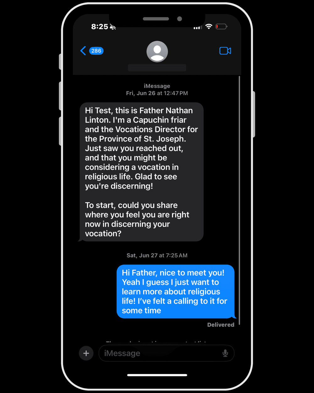 A real automated iMessage opening a conversation with someone discerning a vocation